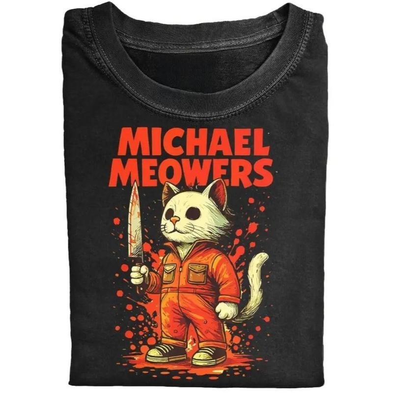 Michael Meowers Horror Cat Halloween Scary Art Print Causal Cotton Short Sleeve T-shirt Hoodie, Sweatshirt | HypeDripTees.com