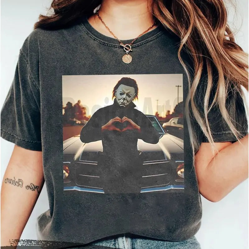 Michael Meyers Halloween Graphic T-shirt, Michael Meyers Heart Hands T-shirt, Funny Halloween Shirt, Halloween Gifts...