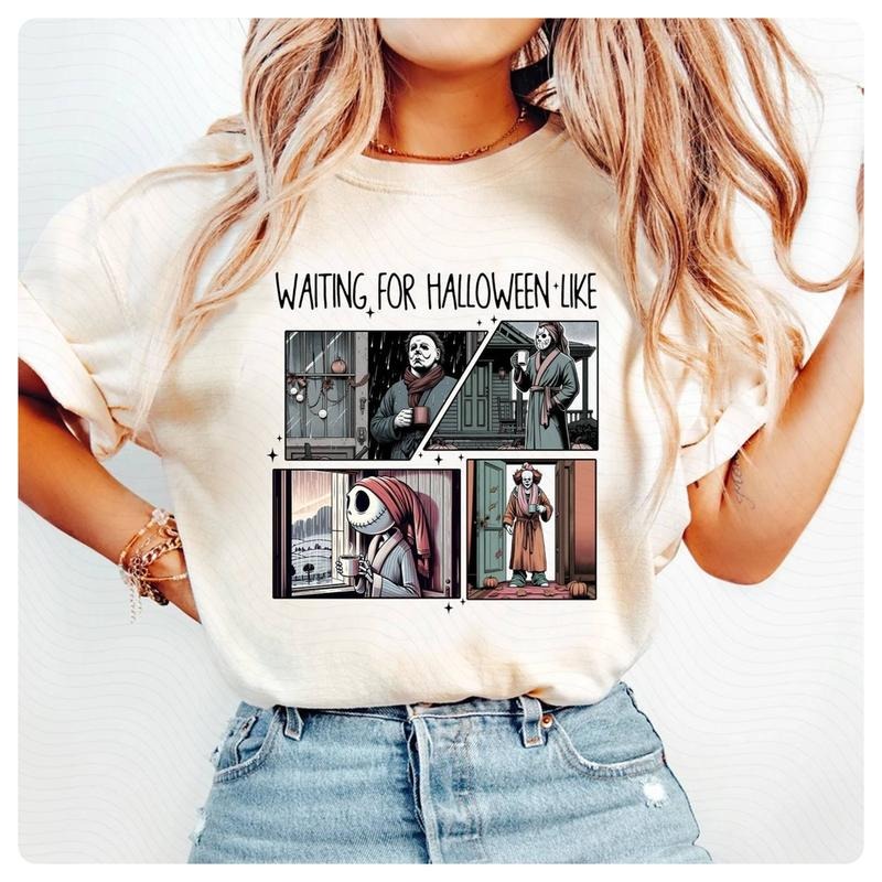 Michael Myers Waiting For Halloween Like   Movie Characters Shirt, Halloween   Character Daily Life Shirt Spooky Season...
