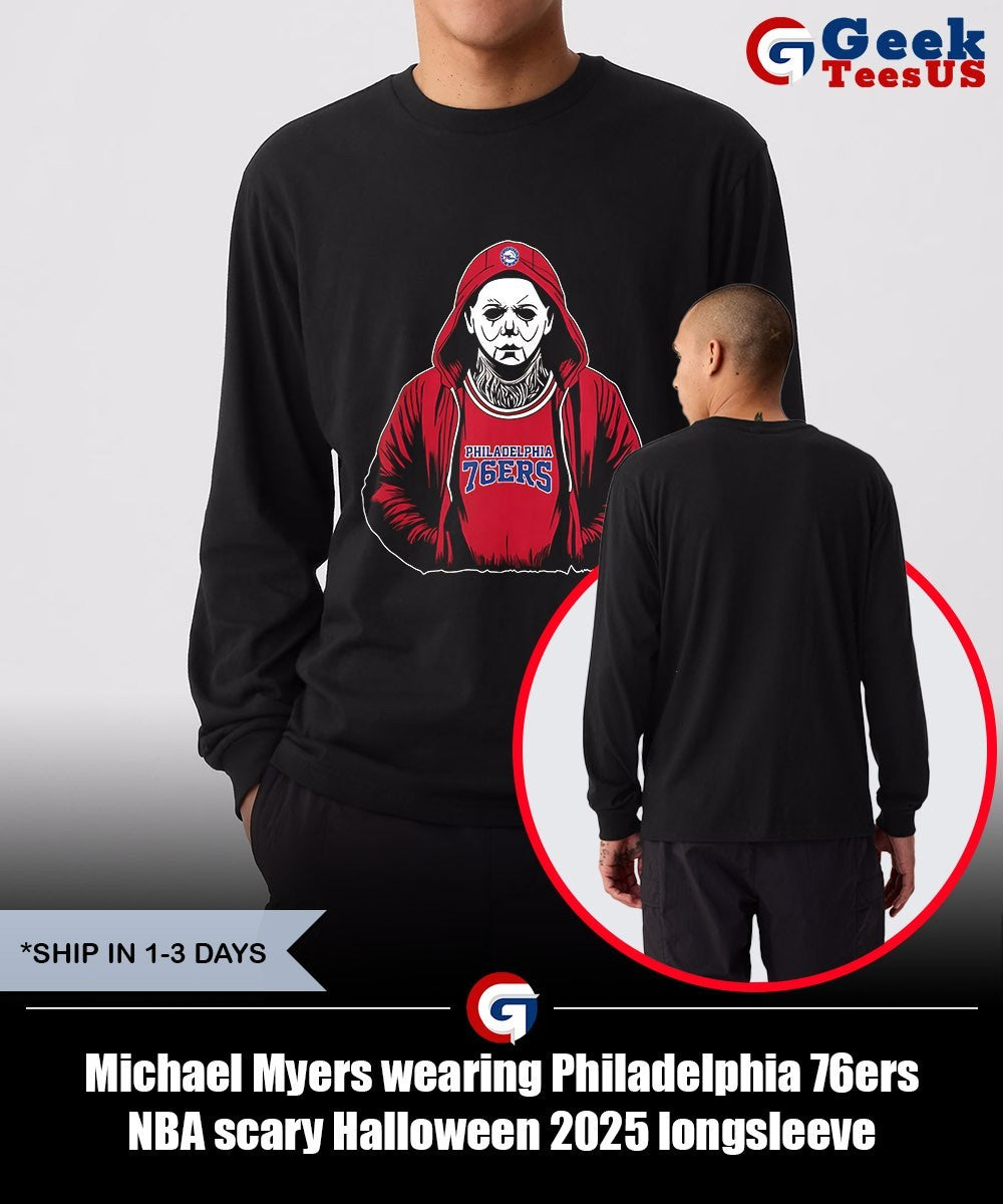 Michael Myers wearing Philadelphia 76ers NBA scary Halloween 2025 shirt