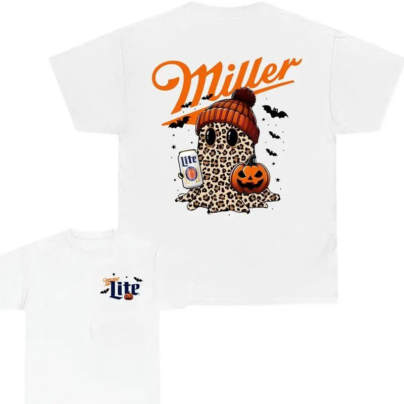Miler Lite Ghost Cute Pumpkin Leopart Halloween 2 Sided T-shirt, Miler Lite Shirt, Halloween Pumpkin Trendy Shirt,...