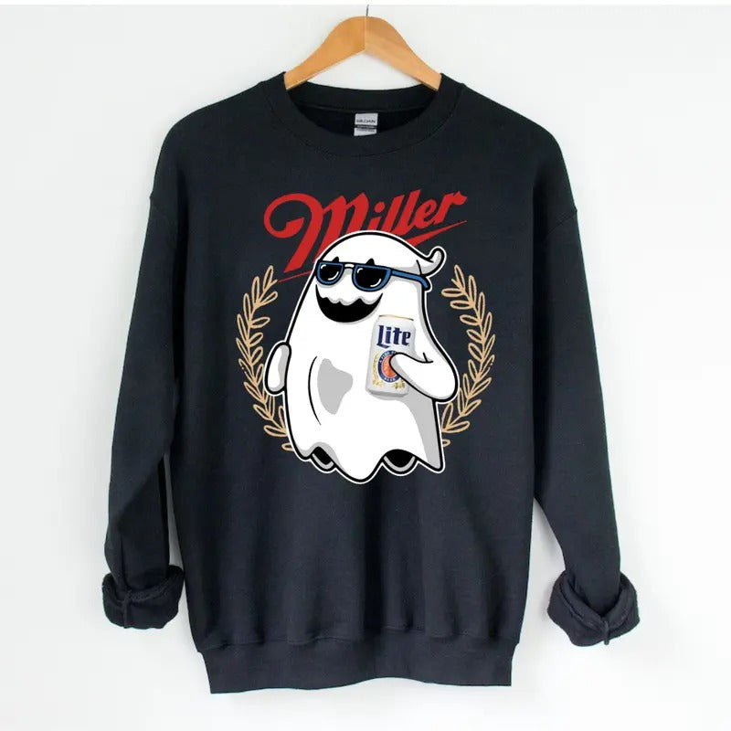 Miler Lite Ghost Halloween Sweatshirt - Unisex Crewneck Sweatshirt for Men and Women - Pullover, Womenswear T-Shirts, Hoodie