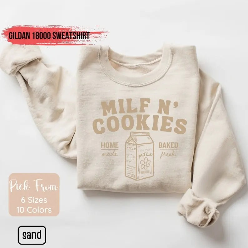 Milf N Cookies Sweatshirt, Milf Sweatshirt, Stay At Home Milf, Funny Mom Sweatshirt Wifey Shirt Casual Cotton Tops Hoodie