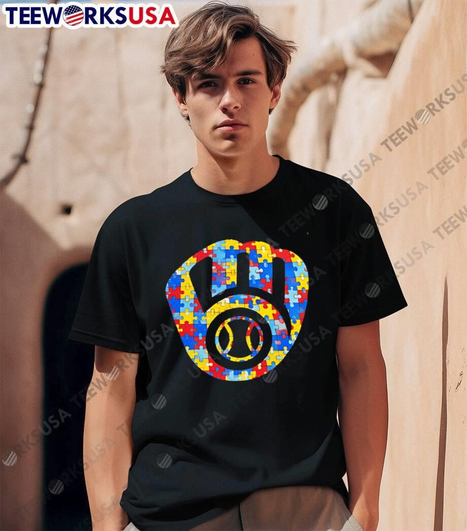 Milwaukee Brewers Puzzle Pattern Logo Men’s T-Shirt