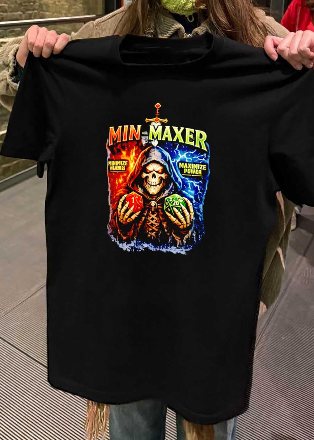 Min-Maxer Skull Gaming Apparel Minimize Weakness Maximize Power D20 T-Shirt