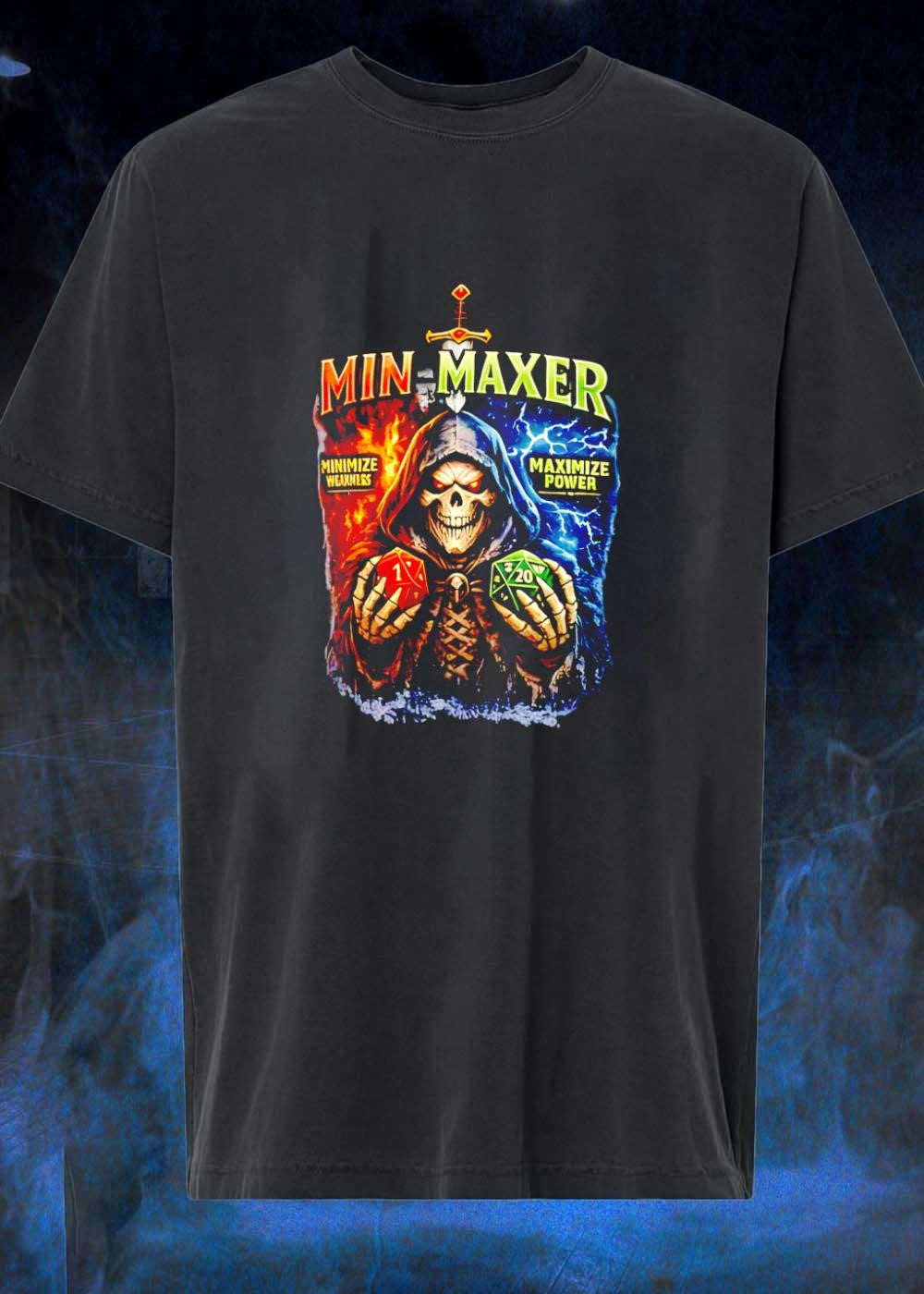 Min-Maxer Skull Gaming Apparel Minimize Weakness Maximize Power D20 T-Shirt