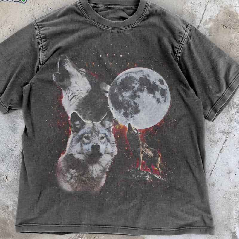[ Mineral Wash ] 90S Wolf Moon Shirt , Vintage Style Grunge Wolves Graphic Washed, Moonlit Wildlife Shirt , Nature Night...