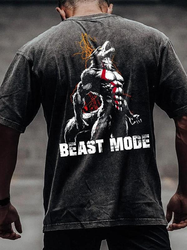 [ Mineral Wash ] Beast Mode Wolf Back Printed Washed Gym Shirt Hoodie, Sweatshirt | HypeDripTees.com