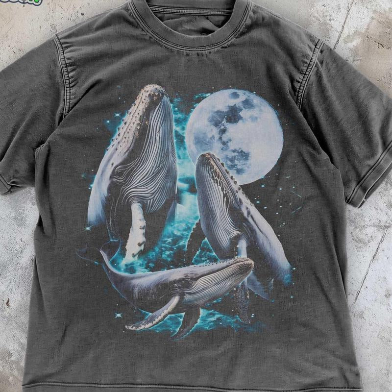 [ Mineral Wash ] Celestial Whale Moon TShirt , Vintage Style Night Sky Tee , Wildlife Retro Grunge Shirt , Ocean Animal...