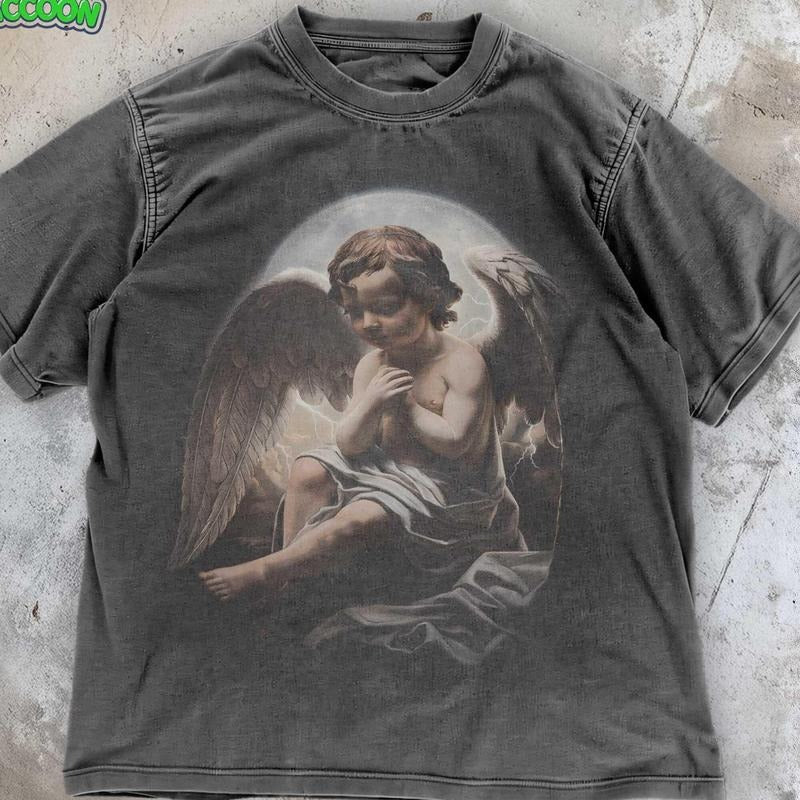 [ Mineral Wash ] Celestial Y2K Angel Washed, Vintage Cherub Graphic Tee , Dark Academia TShirt , Renaissance Angelcore...