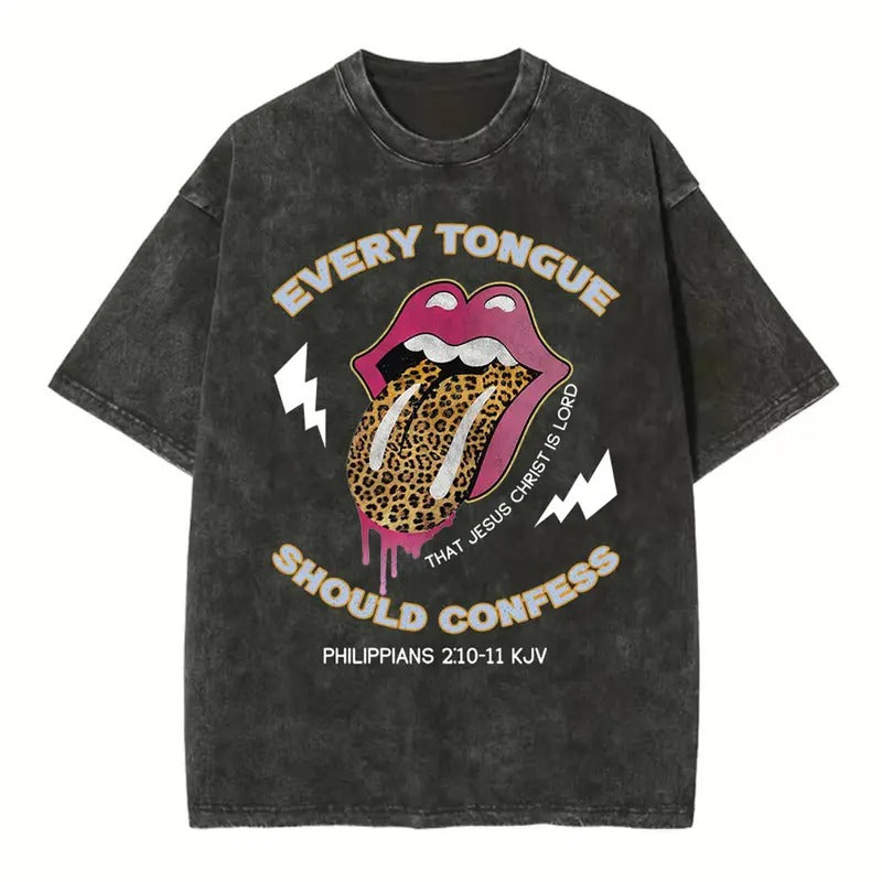 [ Mineral Wash ] Every Tongue Should Confess That Jesus Christ Is Lord Christian Washed Shirt Jesus Graphic Washed Style...