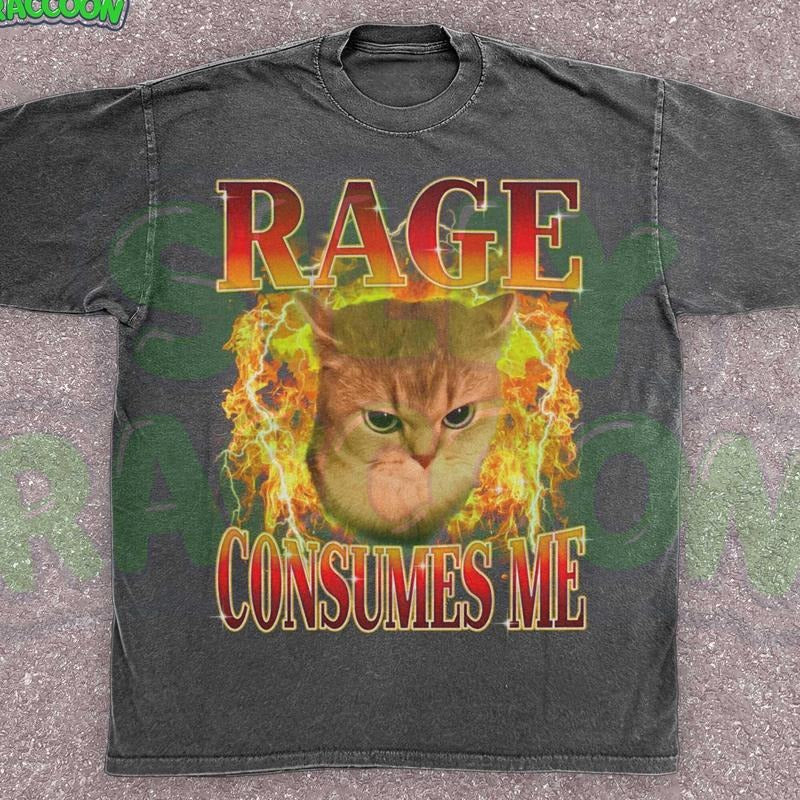 [ Mineral Wash ] Funny Cat Meme Tee, Rage Consumes Me Edgy Shirt For Mens Womens, Angry Cat Graphic, Sarcastic Kitten...