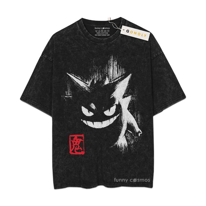 [ Mineral Wash ] Gengar PKM Fan Anime Shirt, Graphic Washed Style Shirt Hoodie, Sweatshirt | HypeDripTees.com