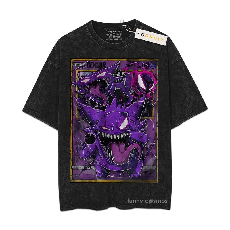 [ Mineral Wash ] Gengar PKM Fan Anime Shirt, Graphic Washed Style TShirt Hoodie, Sweatshirt | HypeDripTees.com