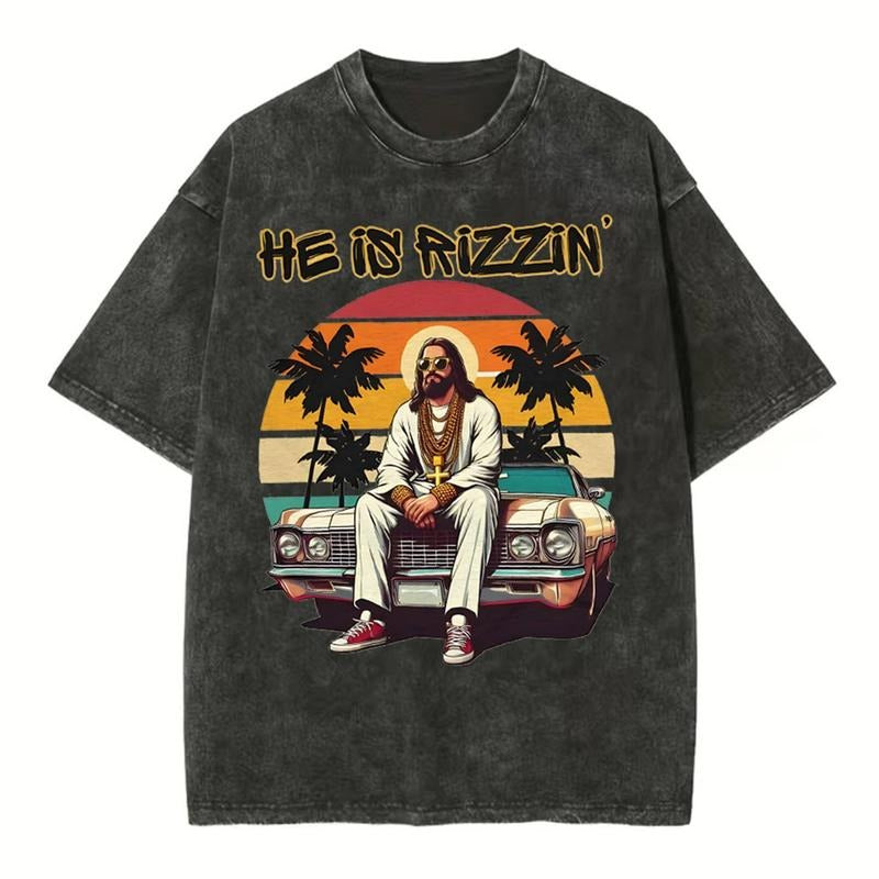 [ Mineral Wash ] He Is Rizzen Chirstian Washed Shirt Jesus Graphic Washed Style Shirt Hoodie, Sweatshirt | HypeDripTees.com