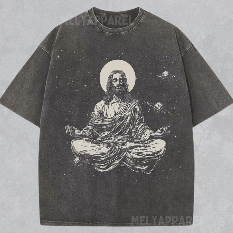 [ Mineral Wash ] Jesus Christ Meditating Shirt Retro Style Christian Tshirt Vintage Tee Unisex Crewneck Church Apparel...
