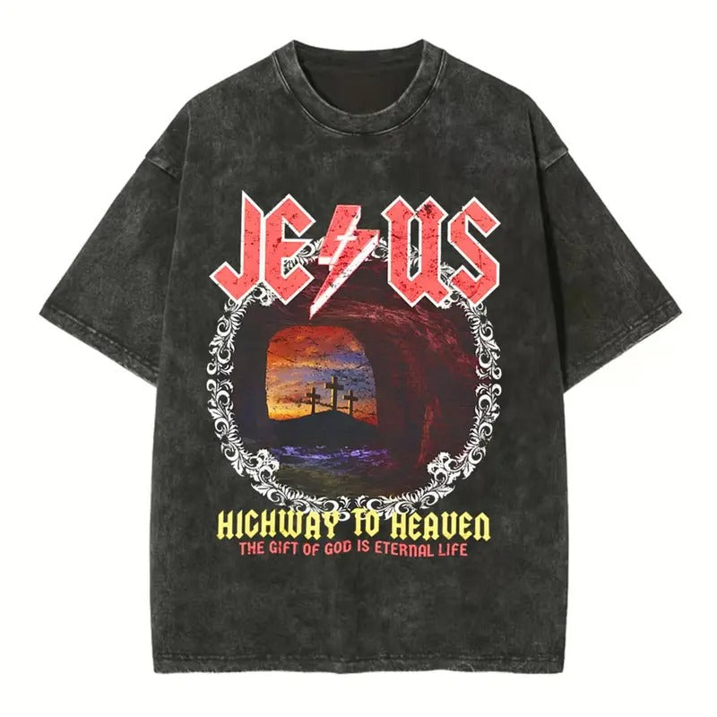 [ Mineral Wash ] Jesus Highway To Heaven Chirstian Washed Shirt Jesus Graphic Washed Style Shirt Hoodie, Sweatshirt