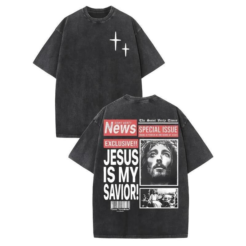[ Mineral Wash ] Jesus Is My Savior DoubleSided Print Mens Retro Streetwear TShirt, Loose Fit Washed Cotton Short Sleeve...