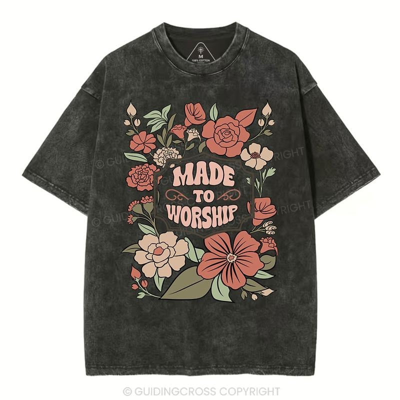 [ Mineral Wash ] Made To Worship Retro Floral Christian Washed TShirt Jesus Graphic Washed Style Shirt Hoodie, Sweatshirt