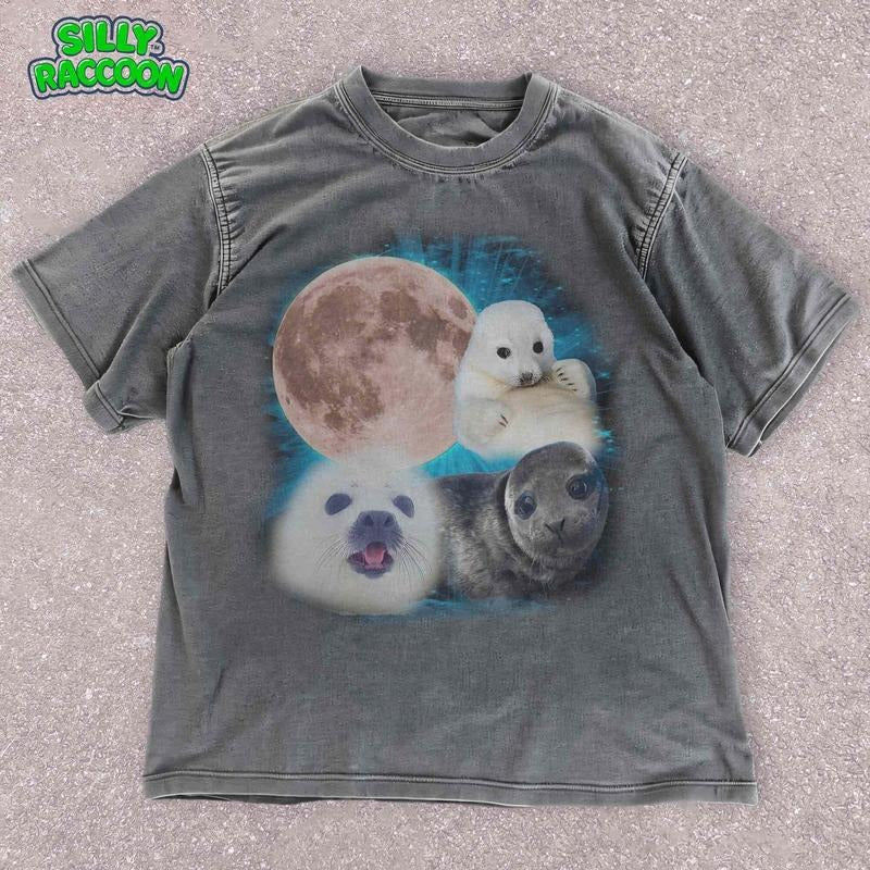 [ Mineral Wash ] Mystical Moon And Seals TShirt , Nighttime Animal Unisex Tee , Cute Marine Life Washed Gift , Moonlit...