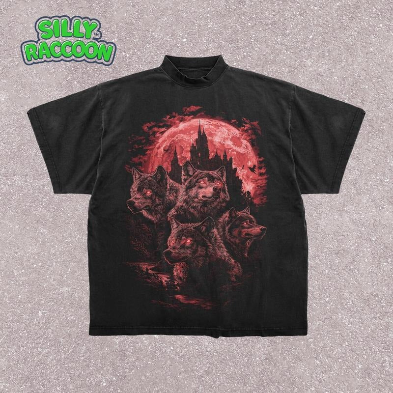 [ Mineral Wash ] Red Moon Wolf Pack Goth Graphic TShirt Dark Fantasy Wolves Washed, Fantasy Wolves Supernatural Goth Wolf...