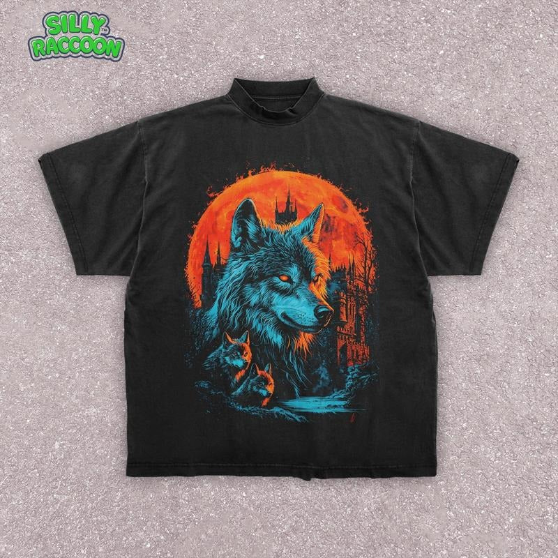 [ Mineral Wash ] Retro Dark Wolves Washed TShirt Moon Gothic Castle Fantasy Wolves Supernatural Goth Wolf Shirt Fantasy...