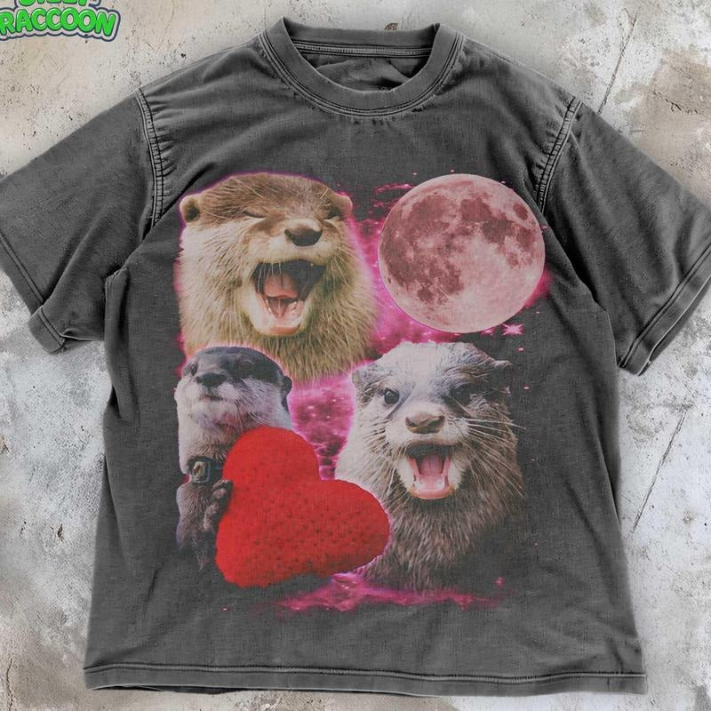 [ Mineral Wash ] Retro Otter Shirt , Cute Space Otter TShirt , Moon Phase Animal Lover Washed Gift , Wild Life Shirt ,...
