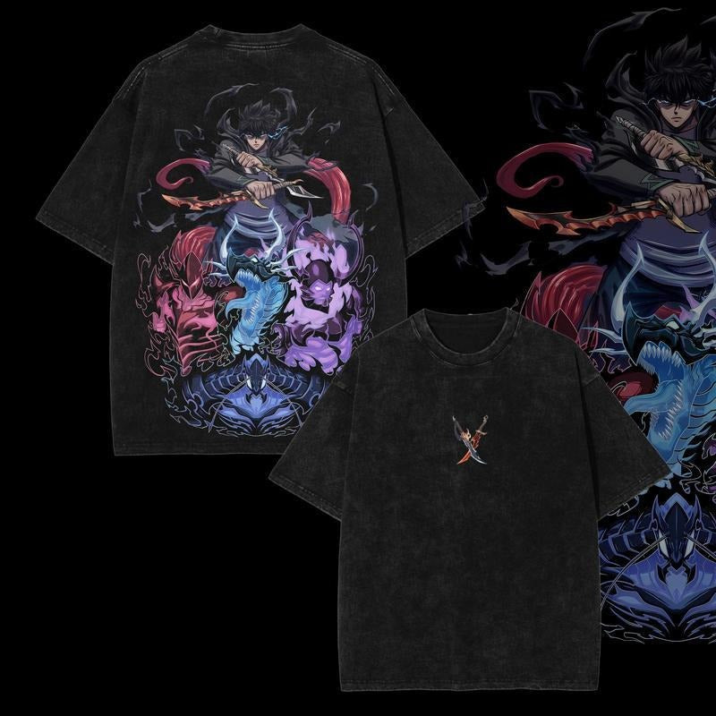 [ Mineral Wash ] Retro Sung Jin Woo Solo Leveling V.1 Anime Vintage Washed Tee, Unisex Oversize Anime Manga Washed Heavyweight Cotton TShirt