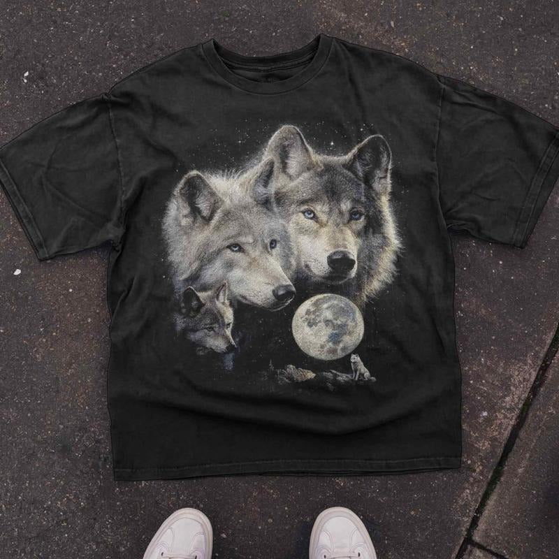[ Mineral Wash ] Three Wolf Moon Shirt, 90S Retro Wildlife Shirt, Celestial Wolf Top, Spirit Animal Nature Tee, Mystical...
