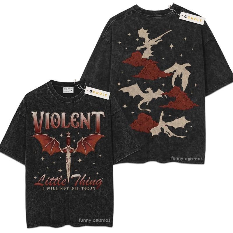 [ Mineral Wash ] TwoSided Violent Little Thing Fourth Wing For Fans Lover Book, Bookish, Graphic Washed Style Shirt...