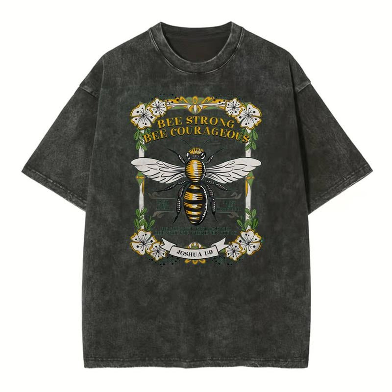 [Mineral Wash Shirt] Bee Strong Bee Courageous Christian Washed Shirt Jesus Graphic Style Shirt Casual Crewneck Hoodie,...