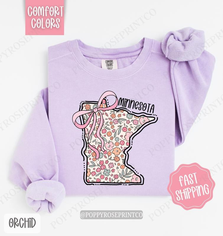 Minnesota Floral Comfort Colors Sweatshirt, Minnesota Sweatshirt, Cute Bow Minnesota Sweatshirt T-Shirts, Hoodie