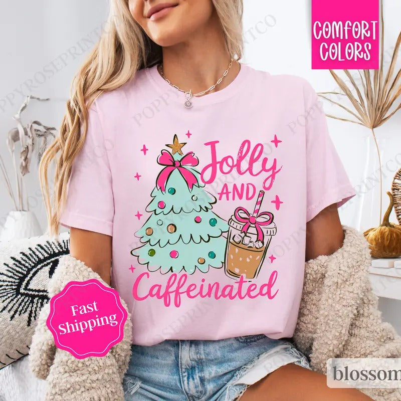 Mint Jolly and Caffeinated Shirt, Preppy Christmas Tee,  Womens Holiday Tshirt Hoodie, Sweatshirt | HypeDripTees.com