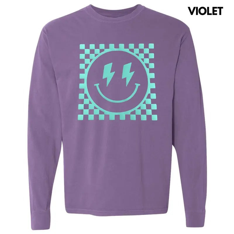 Mint Puff Checkered Happy Face Long Sleeve Comfort Colors T-Shirt Hoodie, Sweatshirt | HypeDripTees.com