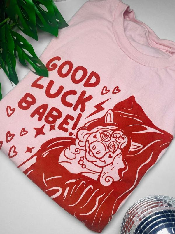 Good Luck Babe! Chappell Roan / Miss Piggy mash up shirt, red ink on pale pinn unisex soft style shirt. Hoodie, Sweatshirt