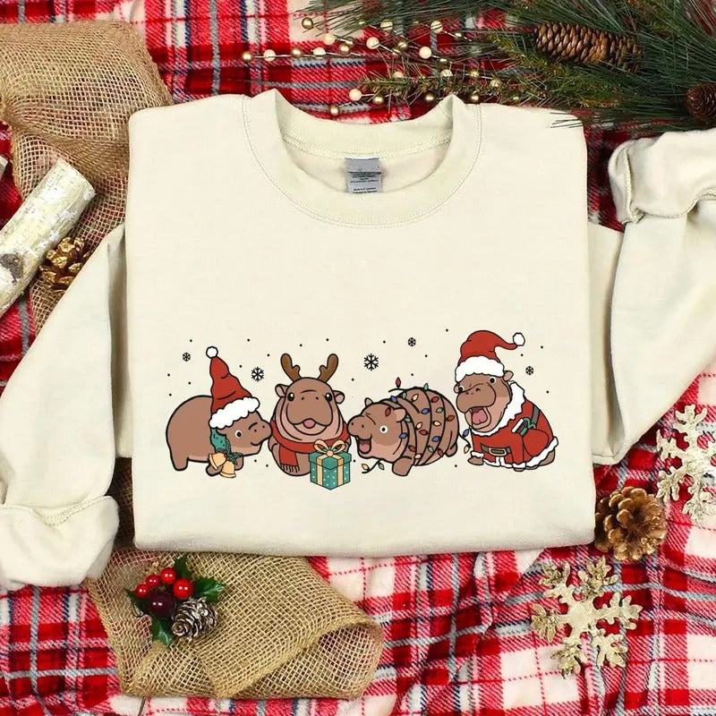 Moo Deng Christmas Sweatshirt, Baby Pygmy Hippo Moo Deng Shirt, Christmas Moo Deng Lover Sweatshirt, Moo Deng Xmas Shirt...