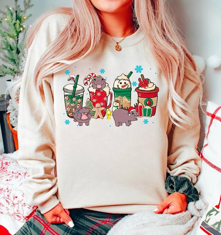 Moo Deng Christmas Sweatshirt, Xmas Moo Deng Coffee Shirt, Christmas Moo Deng Latte Coffee Lover Sweatshirt, Christmas...