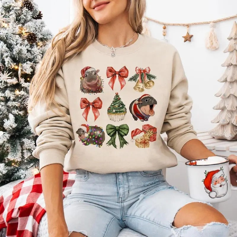 Moo Deng Coquette Bow Christmas Shirt, Coquette Bows Moo Deng And Christmas Tree Tshirt Hoodie, Sweatshirt | HypeDripTees.com