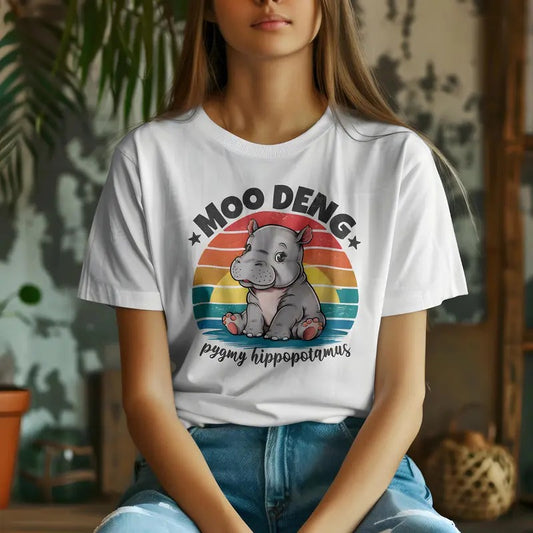 Moo Deng Shirt Cute Baby Hippo Gift Hippo Lover T-Shirt Pygmy Hippopotamus Tshirt Thailand Zoo Tiny Hippo Retro Sunset