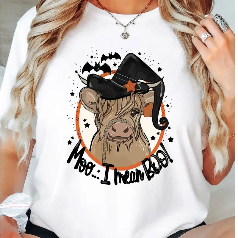 Moo I Mean Boo T-Shirt, Funny Ghost Shirt, Ghost Lover Tee, Country Fall Tee, Halloween Party Shirt, Fall Vibes Short...