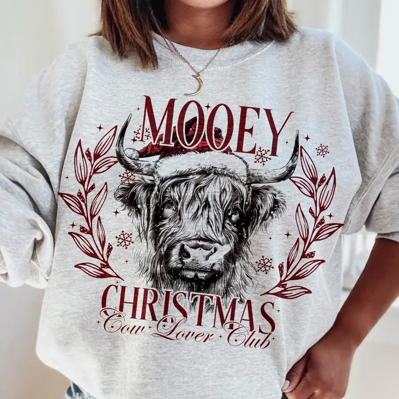 Mooey Christmas Cow Lover Club TShirt, Christmas Season, Christmas Highland Cow Unisex Women's Top in 100% Cotton