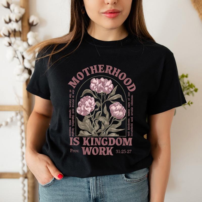 Motherhood is Kingdom Work Floral Mother's Day T-Shirt Pure Cotton Casual Street Style Crew Neck Short Sleeve T-Shirt...
