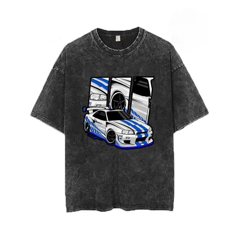 Motorsport Car Drift Sky Line Car Comic Printed Men'S Washed T-Shirt, 230G High-Quality Pure Cotton Washed T-Shirt,...