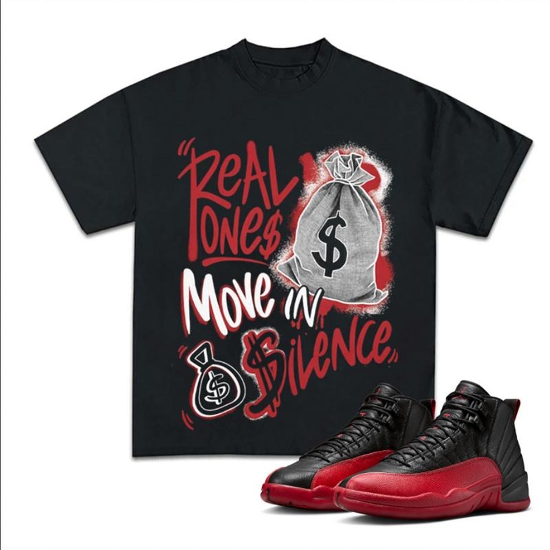 Move In Silence Match 12 Flu Game Sneakers, Y2K Cotton T-shirt, Unisex Graphic Tee, Fitted Crewneck Streetwear Vibes...