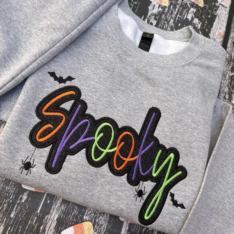 Multicolor Glitter Spooky Season Embroidered Crewneck Sweatshirt T-Shirts, Hoodie | HypeDripTees.com