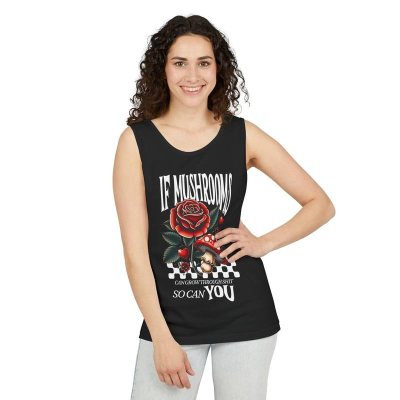 Mushroom & Rose Motivational Tank Top, Boho Summer Shirt, Gift for Gardeners, Affirmation Apparel, Casual Layering Top...