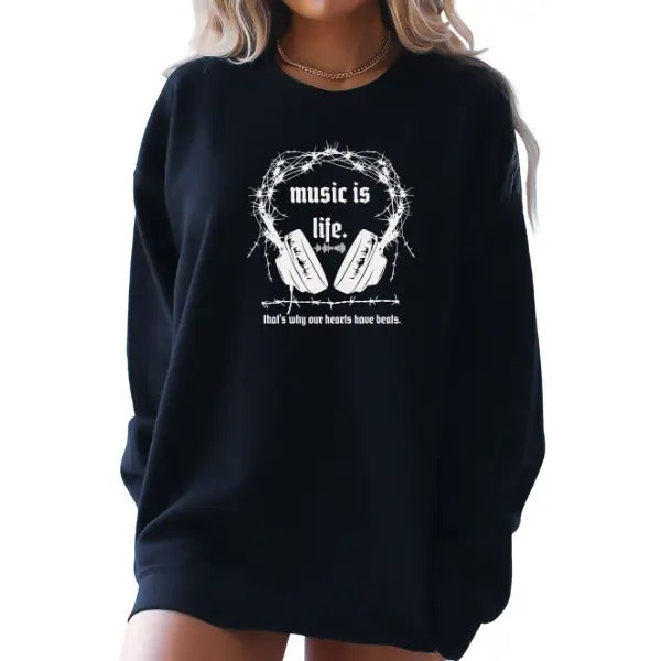 Music Is Life' Black Crewneck Sweatshirt, T Shirt, or Hoodie Pullover | Punk, Alt, Grunge, Goth, Skeleton Style,...