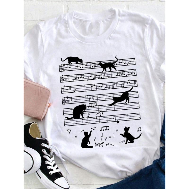 Music Note Cat Teacher T Shirt, Loose, Women'S Casual Round Neck T-Shirt Hoodie, Sweatshirt | HypeDripTees.com