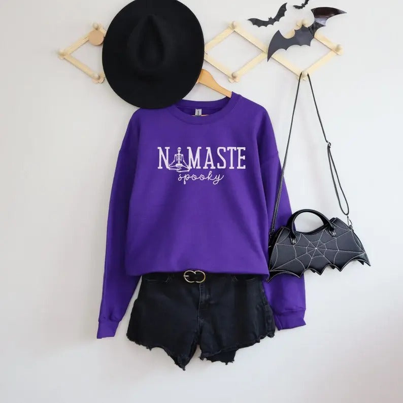 Namaste Spooky Sweatshirt, Skeleton Yoga Halloween Sweatshirt, Funny Halloween Shirt, Fall Sweatshirt, Yoga Crewneck,...