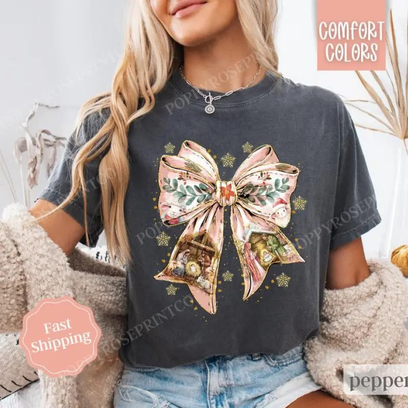 Nativity Bow Christmas Shirt , Religious Christmas Tee, Women's Holiday Tshirt Hoodie, Sweatshirt | HypeDripTees.com